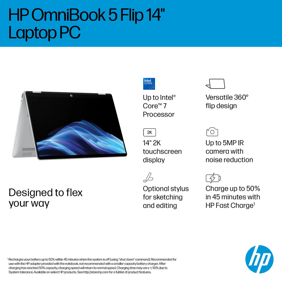 HP OmniBook 5 Flip Core 5 8GB 512GB SSD 14 Inch 2-in-1 2GB Graphics – Refurbished Laptop
